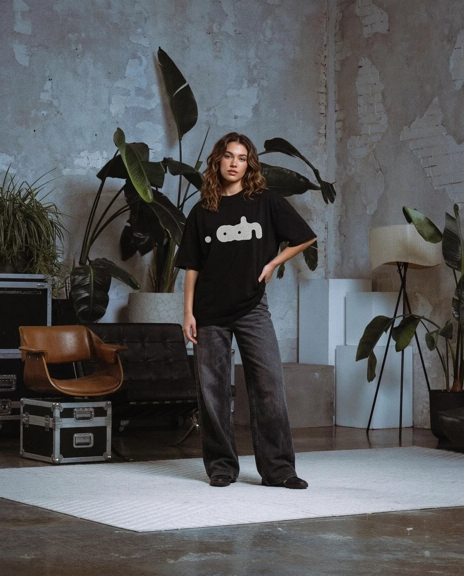 Mujer en un estudio con camiseta negra oversize
