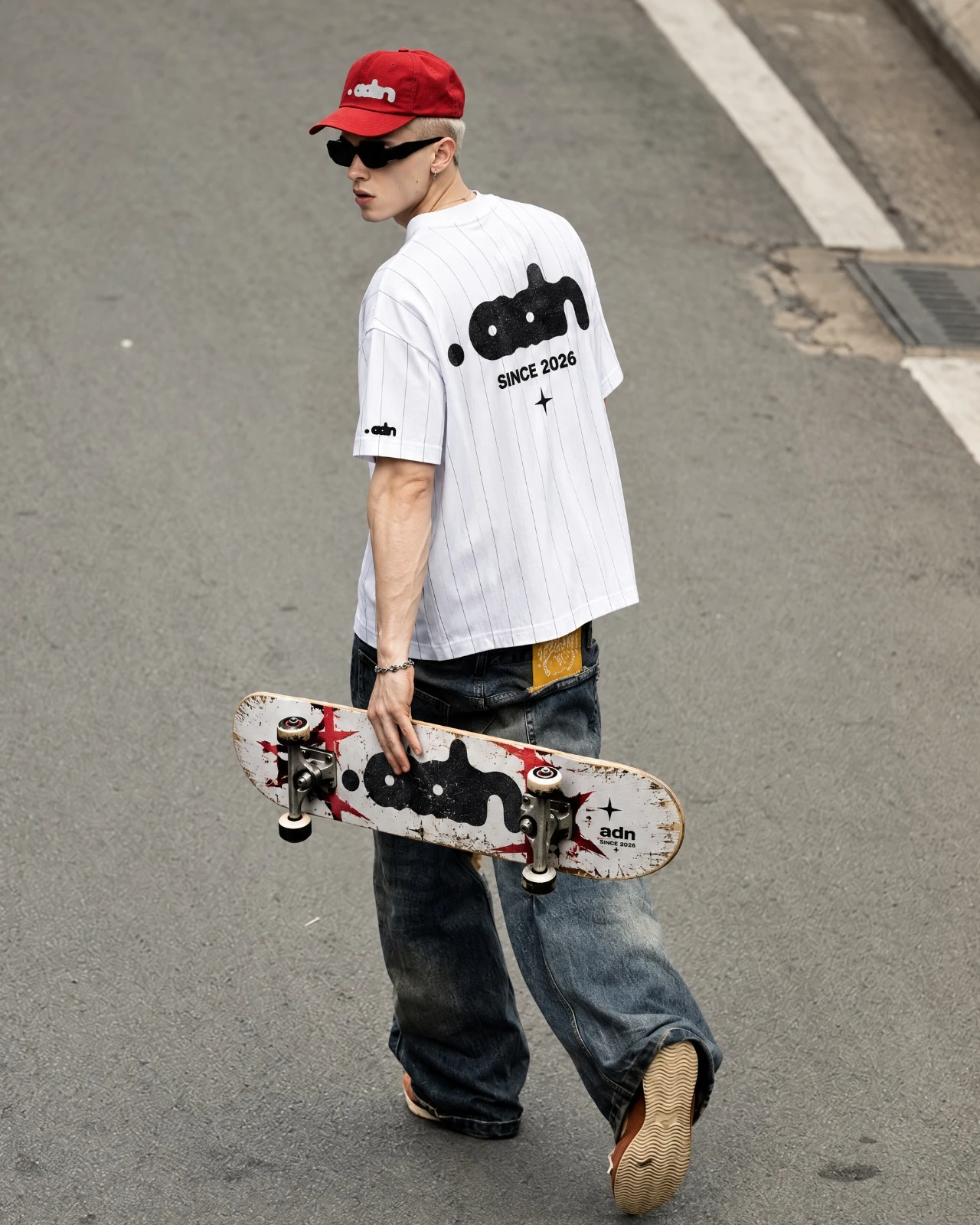 Persona caminando con una camiseta blanca de rayas, el logotipo .adn en la espalda y una patineta en la mano